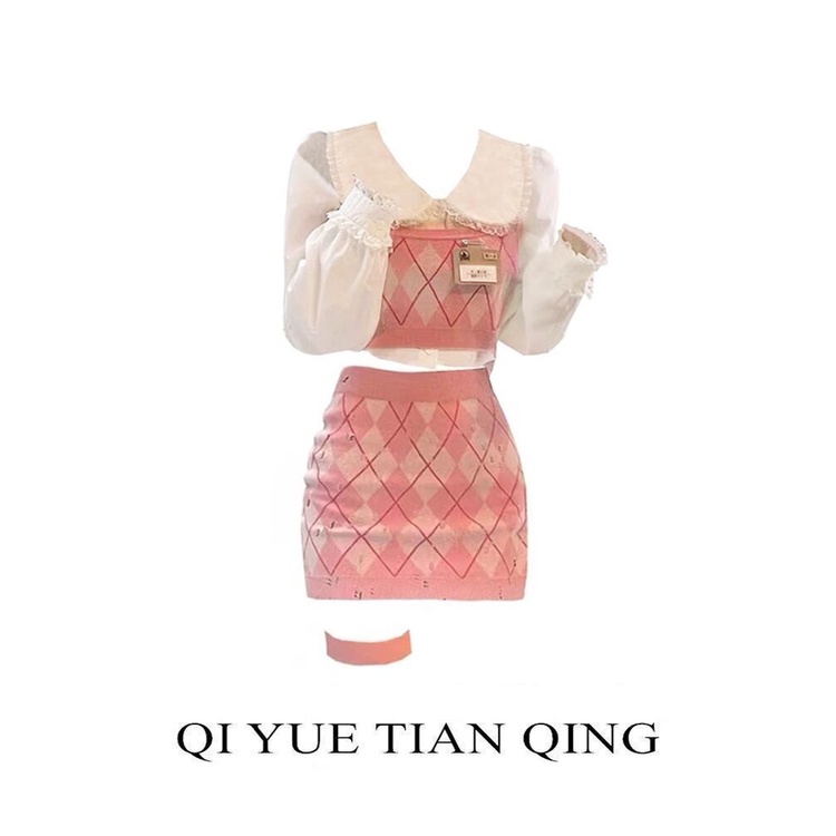 Set Áo Dệt Kim Không Tay + Chân Váy 2 Mảnh Phong Cách Preppy Thời Trang Mùa Thu Cho Nữ