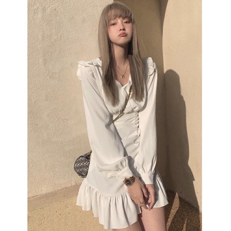 Đầm Đuôi Cá Tay Dài Cổ Chữ v Phong Cách Retro Hàn Quốc