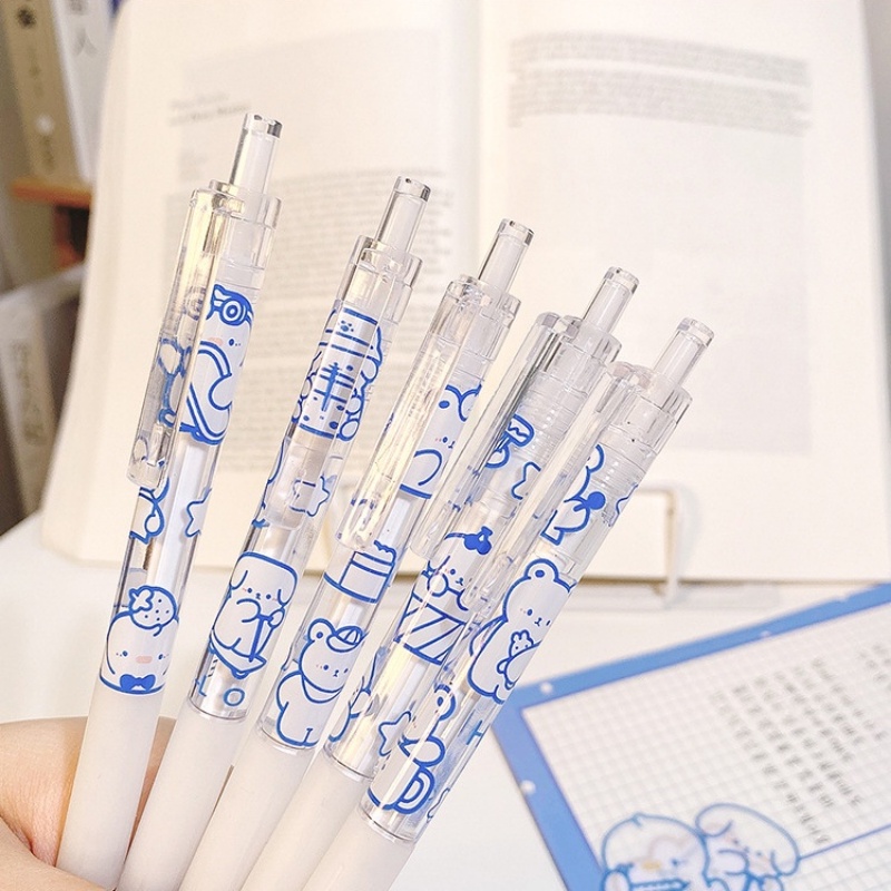 Set 6 Bút Mực Gel Ngòi 0.5mm Trong Suốt In Hình Gấu Dễ Thương