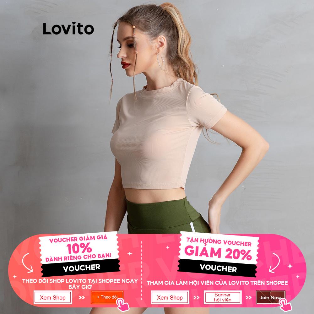Áo thun Lovito dáng ngắn màu trơn vải nhanh khô phong cách thể thao L05203 (màu be)