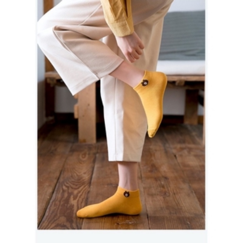 Vớ Cotton Cổ Thấp Thoáng Khí Màu Trơn Họa Tiết Gấu Dễ Thương Phong Cách Hàn Quốc Thời Trang