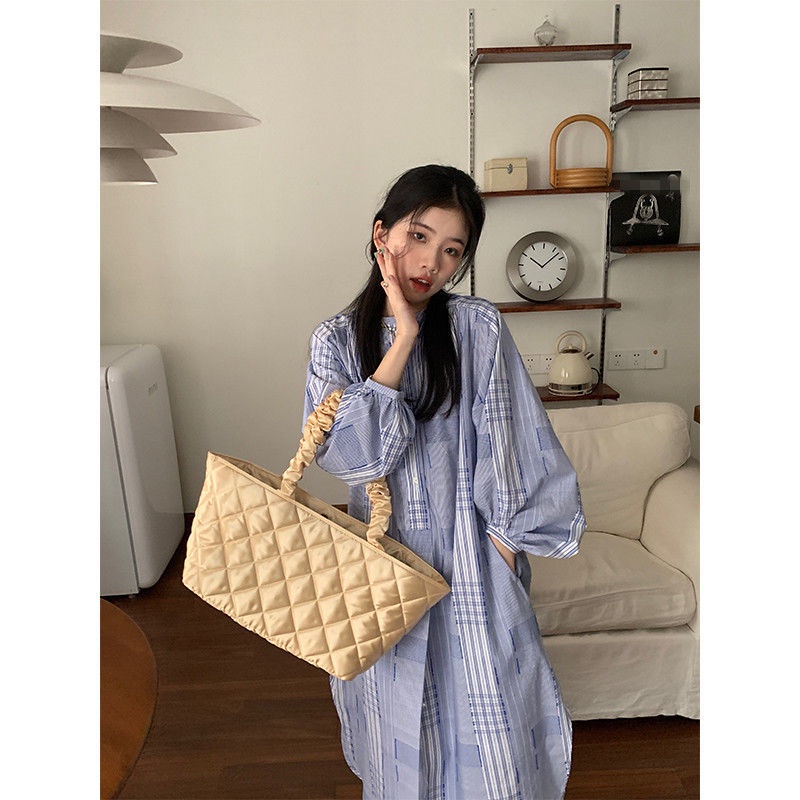 Đầm Voan Dáng Rộng Dài Qua Gối Sọc Caro Màu Xanh Dương Ngọt Ngào Phong Cách Hàn Quốc Cho Nữ @ -