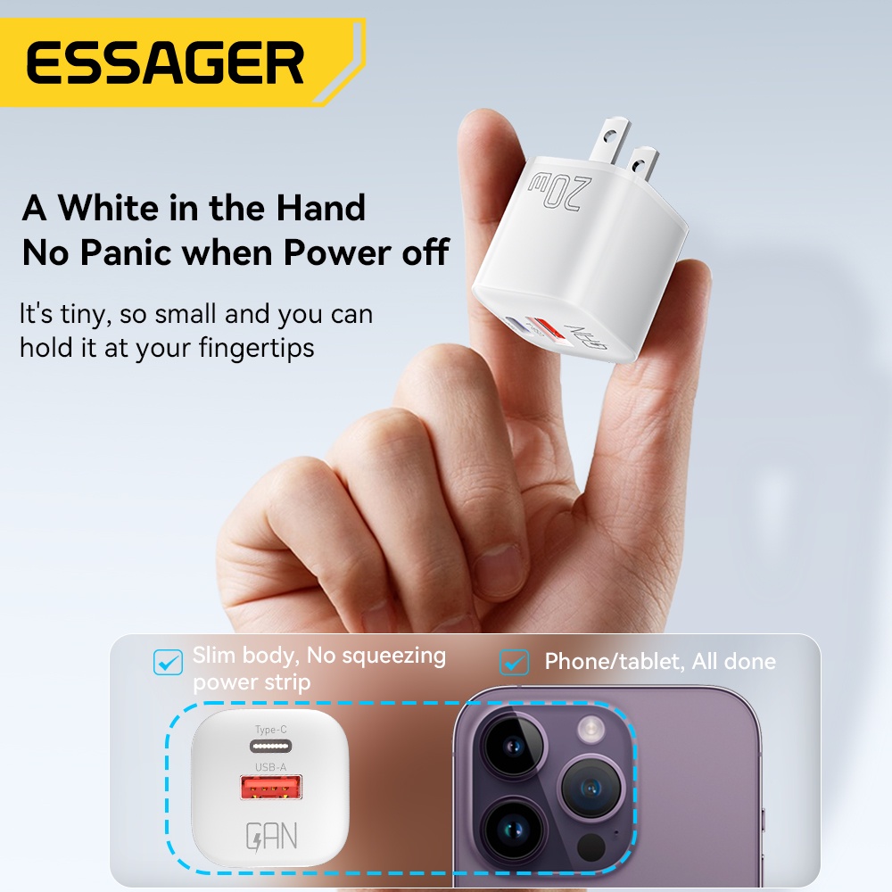 Cục sạc nhanh ESSAGER 20W GaN USB Type C QC 3.0 thích hợp cho iP 14 13 12 11 Pro Max Mini Ipod