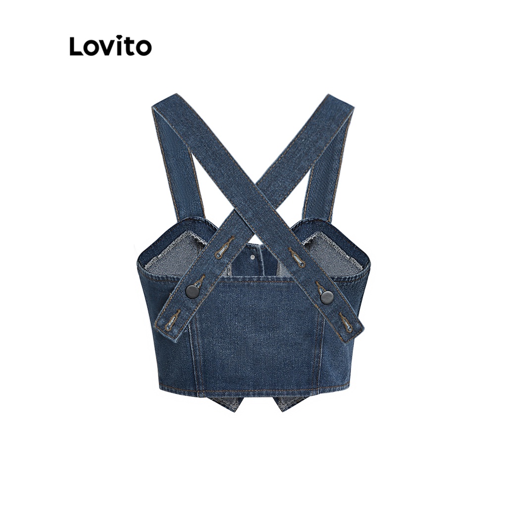 Lovito Thường Thường Thiết kế nút viền không đều Màu Camisole Phụ nữ Denim Vest Top L37AD070 (Xanh hải quân) | BigBuy360 - bigbuy360.vn