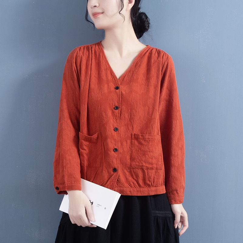 Áo Khoác Cotton Lanh Ngắn Dáng Rộng Cổ Chữ V Thời Trang Mùa Xuân Mới 2023 Kích Thước Lớn M-4xl