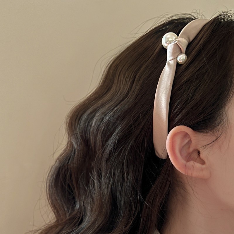 Băng Đô Vải Satin Thắt Nút Đính Ngọc Trai Phong Cách Retro Pháp