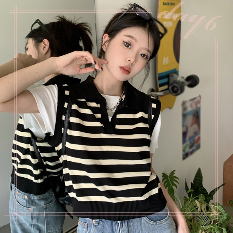 1 Áo Croptop Dệt Kim Sát Nách Họa Tiết Kẻ Sọc Thời Trang Hàn Quốc Cho Nữ