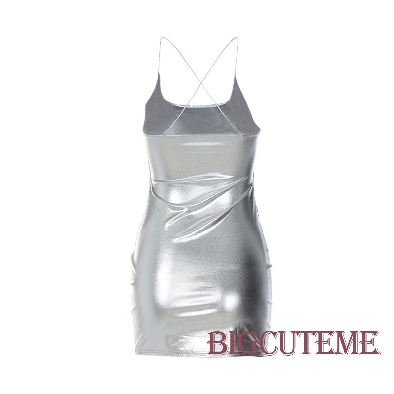 [] - Đầm Mini Hai Dây Màu Trơn Ôm Dáng Xẻ Tà Ánh Kim Lấp Lánh Cho Nữ