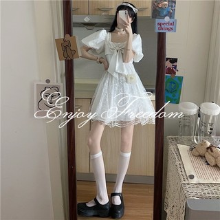 Đầm Tay Ngắn Cổ Vuông Thắt Nơ Chiết Eo Phong Cách Hàn Quốc Xinh Xắn Cho Nữ