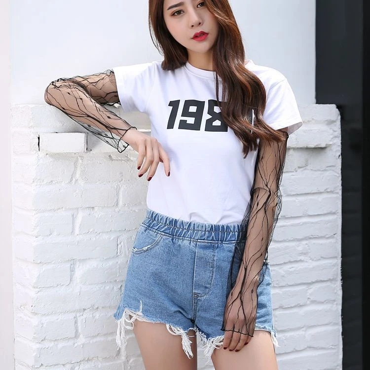 Găng Tay Chống Nắng 45cm Bằng Lụa Lạnh Mỏng Phối Ren Thoáng Khí Nhanh Khô Co Giãn Tốt Thời Trang Cho Nữ Và Nữ