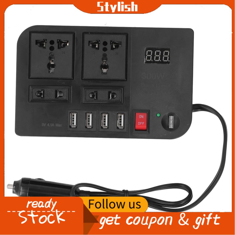 Stylish365 Power Inverter Plug Adapter 12V to 220V Converter 300W Digital Display Low Voltage Protection