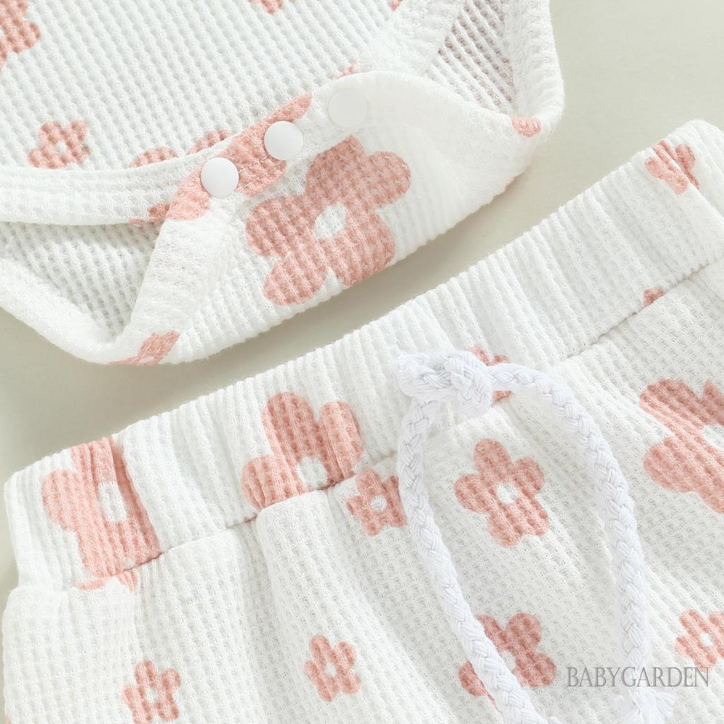 Bộ Áo Liền Quần Hai Dây In Hoa + Quần Ngắn Nhún Bèo + Băng Đô Cài Tóc Xinh Xắn Cho Bé Gái