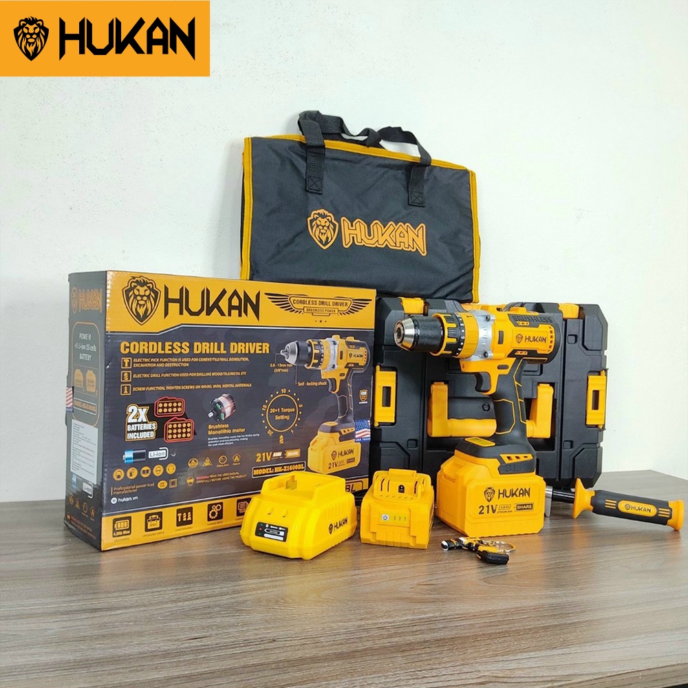 Máy Khoan Pin HUKAN Z1600 Lực Siết 100 Nm, Không Chổi Than Kèm 2 Pin