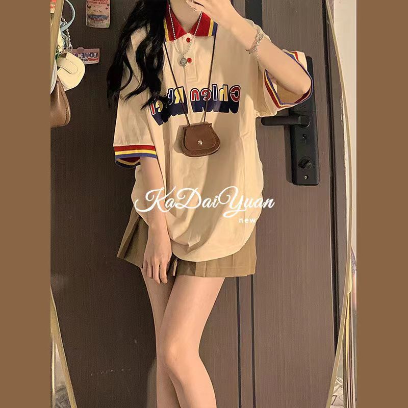 Set đồ COZOKC gồm áo thun polo ngắn tay và chân váy xếp ly thời trang dành cho nữ