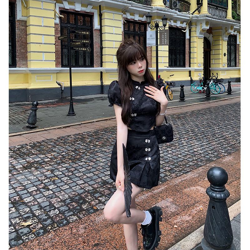 Bộ Áo Sườn Xám Cách Tân + Chân Váy Ngắn Phong Cách Trung Hoa Thời Trang Mùa Hè Hàng Mới Dành Cho Bạn Nữ