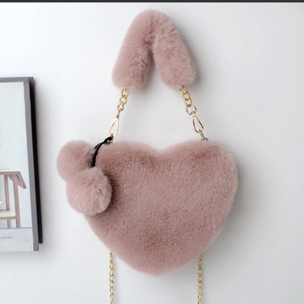 Túi Xách Đeo Vai Hình Trái Tim Lông Nhung - Túi Đeo Chéo Gấu Bông Dây Xích