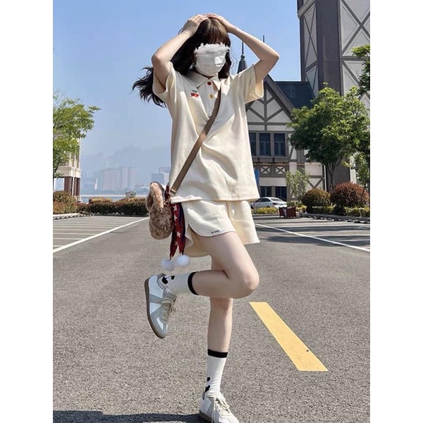 Bộ thun polo Cherry nữ  Set đồ cotton dày form rộng áo kiểu mix quần sooc đùi bánh bèo cá tính ulzzang
