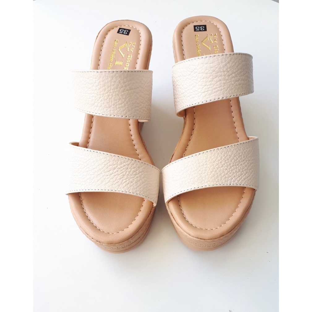 Dép nữ đế xuồng cao 9 phân da bò thật cao cấp VI VI .