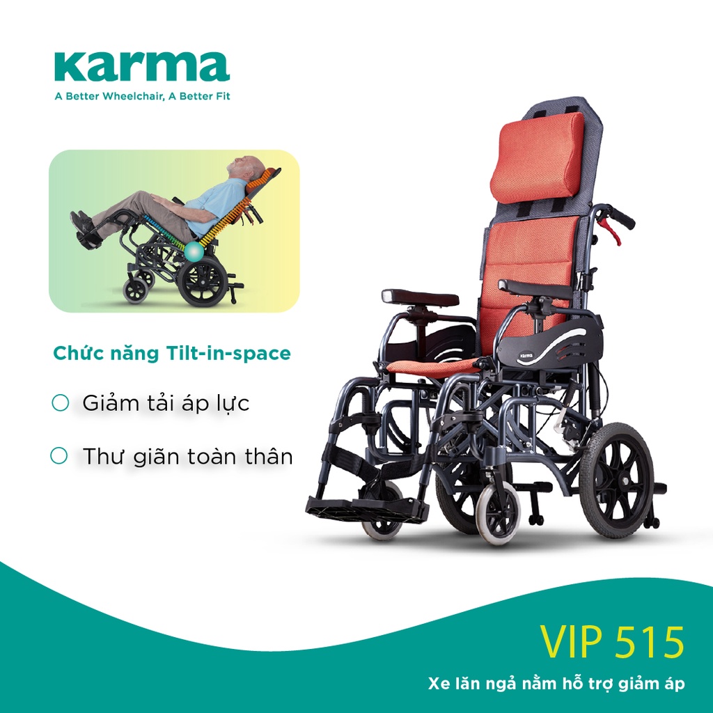 [Chính Hãng KARMA] Xe Lăn VIP 515 Hỗ Trợ Giảm Áp Tối Ưu Ngồi Thoải Mái Tuyệt Đối
