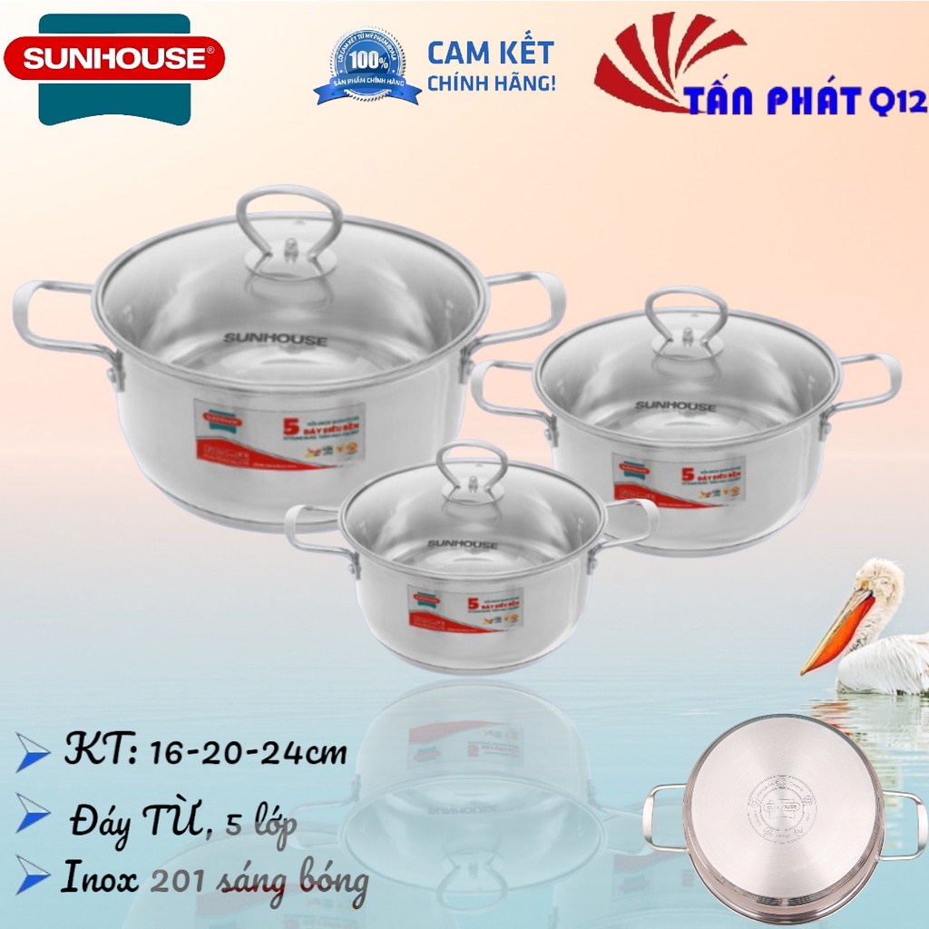BỘ NỒI INOX 5 ĐÁY SUNHOUSE SHG788 CÓ BÁN LẺ 1 HOẶC 2 NỒI