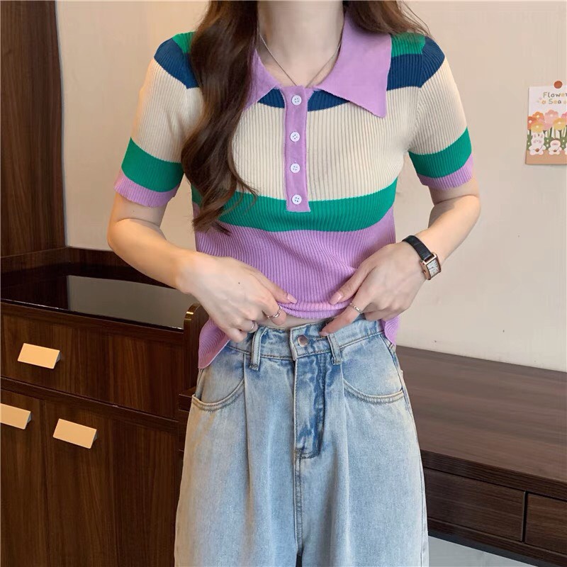 Áo len Montoghi dệt kim HÀNG KHUY CỔ phối màu KEM phong cách đơn giản thanh lịch