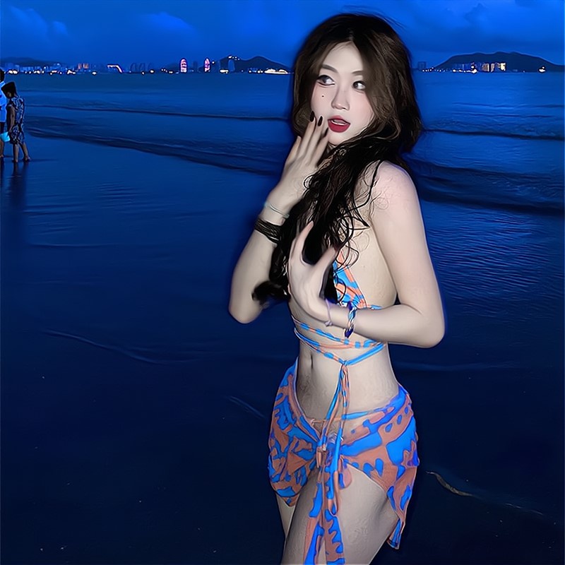 Bikini đi biển LUHAZO 3 chi tiết có khăn quấn dây đan eo họa tiết zizac xanh phong cách sexy Hàn Quốc 2818 DK7T3