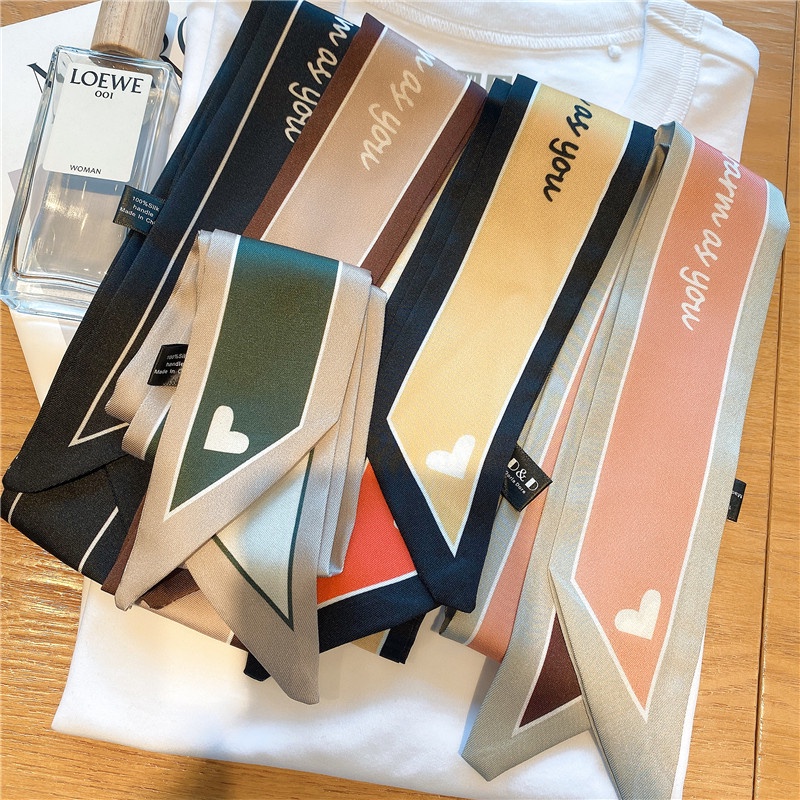 Băng Đô Cài Tóc / Khăn Choàng Cổ Bằng Lụa In Họa Tiết Trái Tim / Chữ Thắt Nơ Cầm Tay Trang Trí Túi Xách