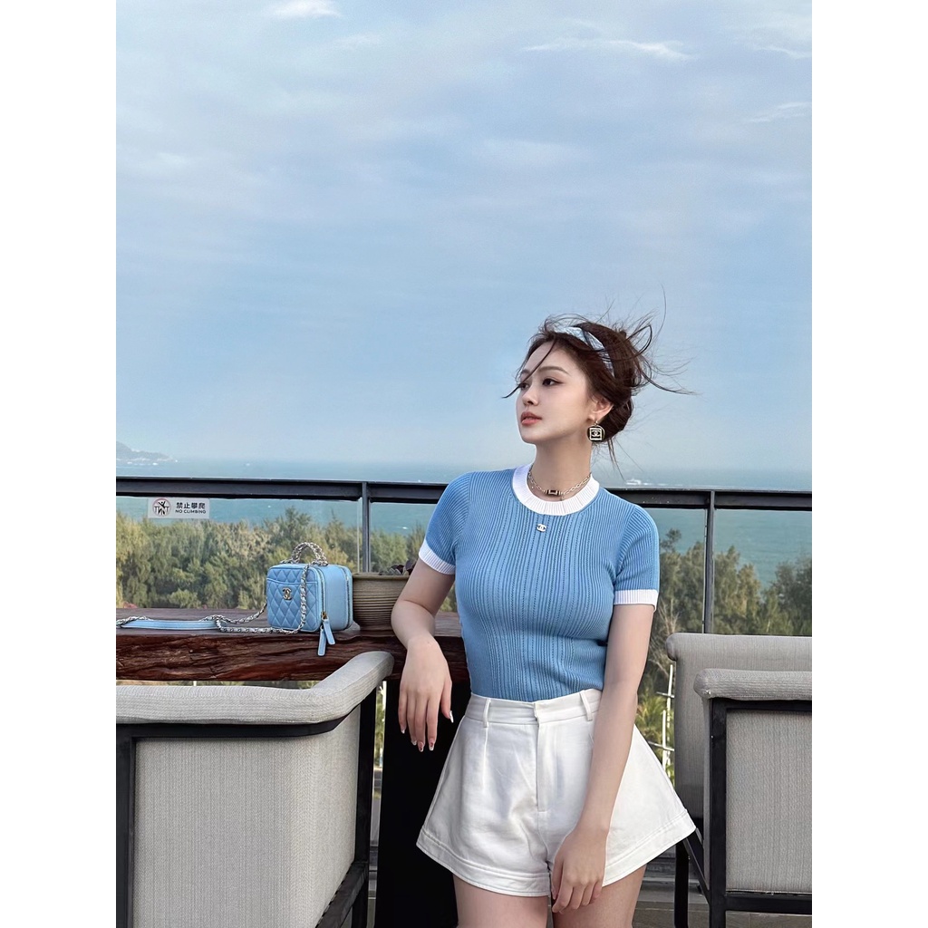 Áo len thời trang cao cấp Channel CN thiết kế cổ tròn viền trắng nhã nhặn, nữ tính