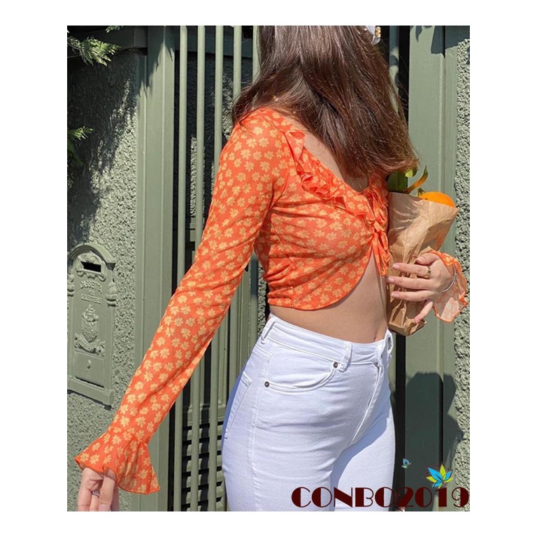 Hgm-m-áo Kiểu Ngắn Tay Dài Loe In Hoa Phối Dây Cột Phía Trước Mùa Hè Cho Nữ
