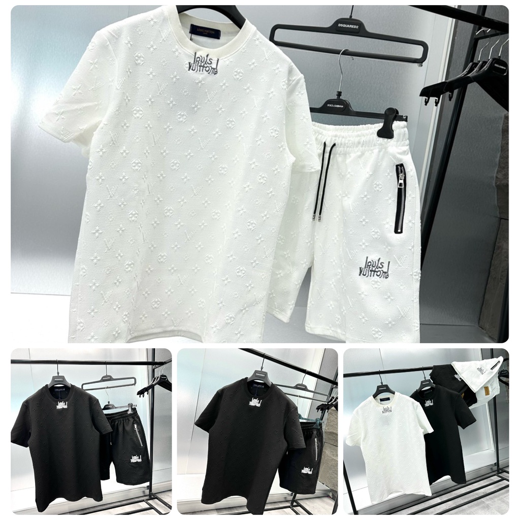 Bộ LV Vân Hoa Nổi Chữ Thêu Khóa Zip Vải Mát Mịn - Bộ Quần Áo Nam Chữ Thêu LV Cực Net