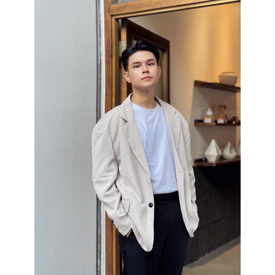 Áo khoác blazer nam form rộng hàn quốc màu đen, kem 2 khuy cài thương hiệu VIZ