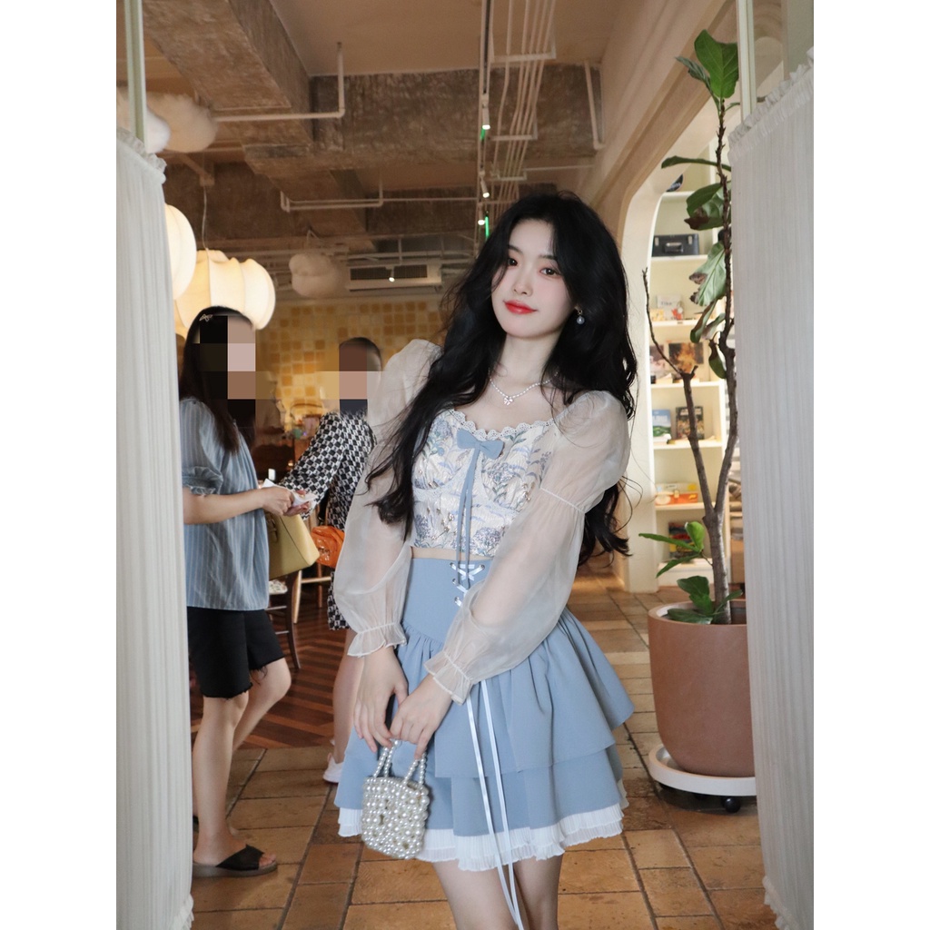 Set áo croptop tay voan, chân váy xòe chữ A nhiều tầng thời trang nữ