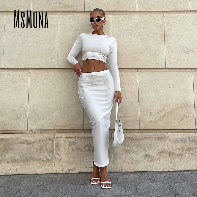 MsMona Bộ Đồ Áo Tay Dài Cổ Tròn Và Quần Lưng Thấp Màu Trơn Thời Trang 2023 Dành Cho Nữ