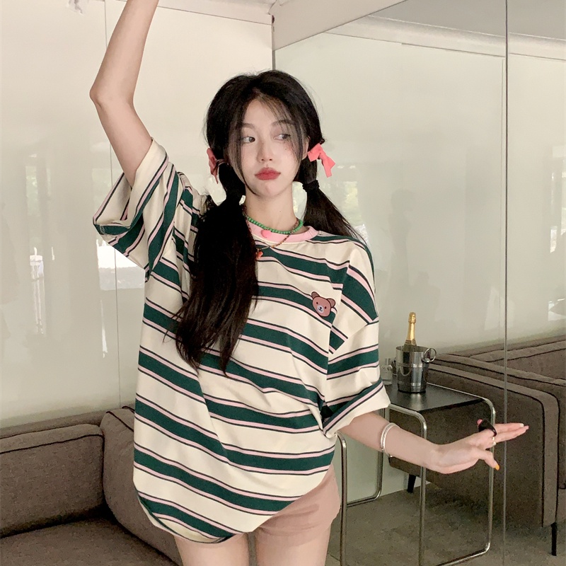 Áo thun SUXI ngắn tay dáng rộng kẻ sọc thêu họa tiết xinh xắn dễ phối đồ cho nữ