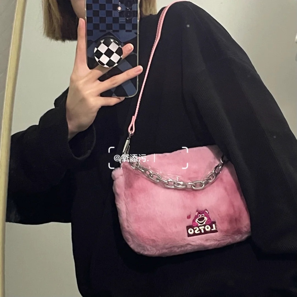 Túi Xách Vải Bông In Hình Gấu Dâu Tây Hoạt Hình Thời Trang Thu Đông Năm 2023