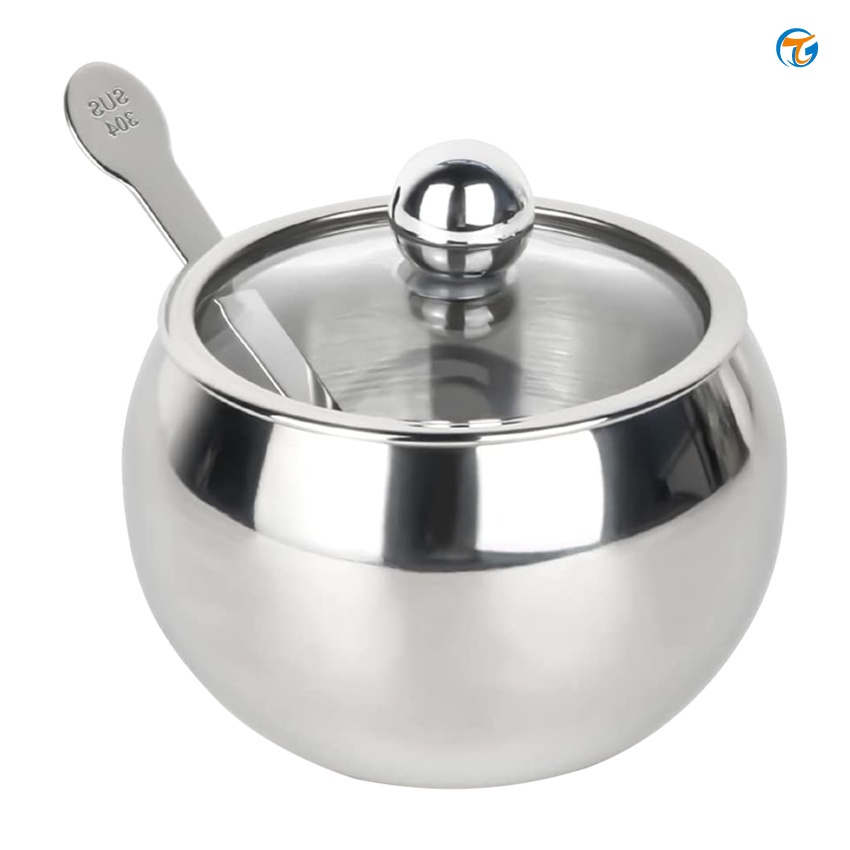 Tô Đựng Đường Bằng Thép Không Gỉ Có Nắp Trong Suốt Và Muỗng Nhỏ 8.5 oz (240 ml)