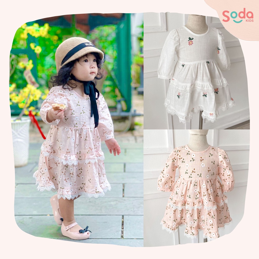Váy bé gái ROSÉ DRESS SODA KIDS thiết kế tay bồng, phối ren, chất liệu linen Hàn, họa tiết hoa dễ thương