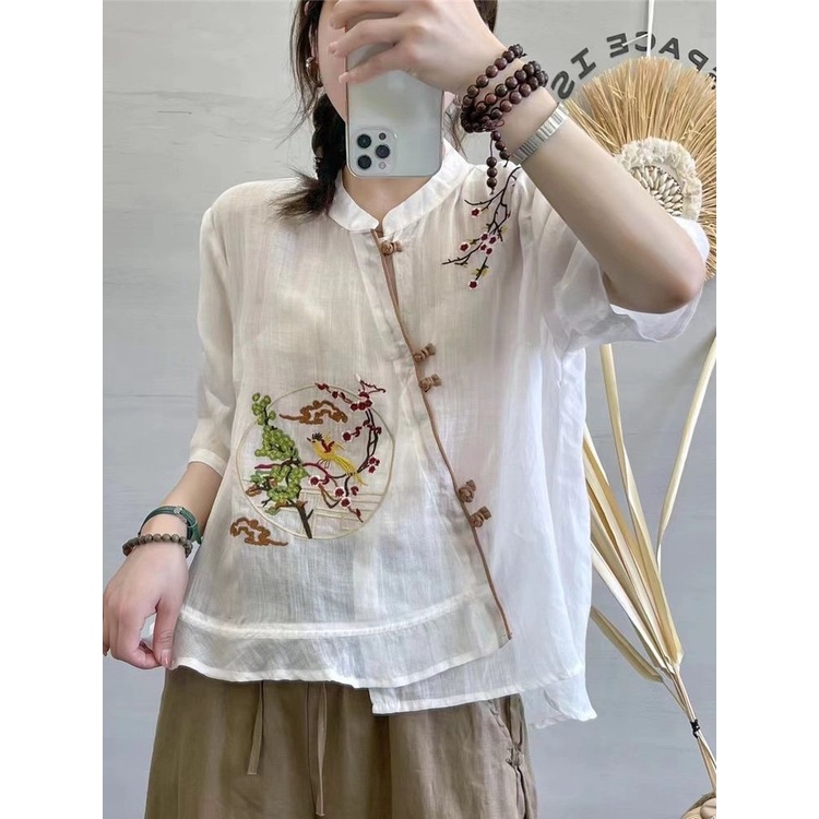 ICE Cotton and Linen Top Embroidered Printed Chinese Button Knots Sun Protection Shirt Japanese and Korean Foreign Trade Original Sample Women's Clothes Cotton and Linen