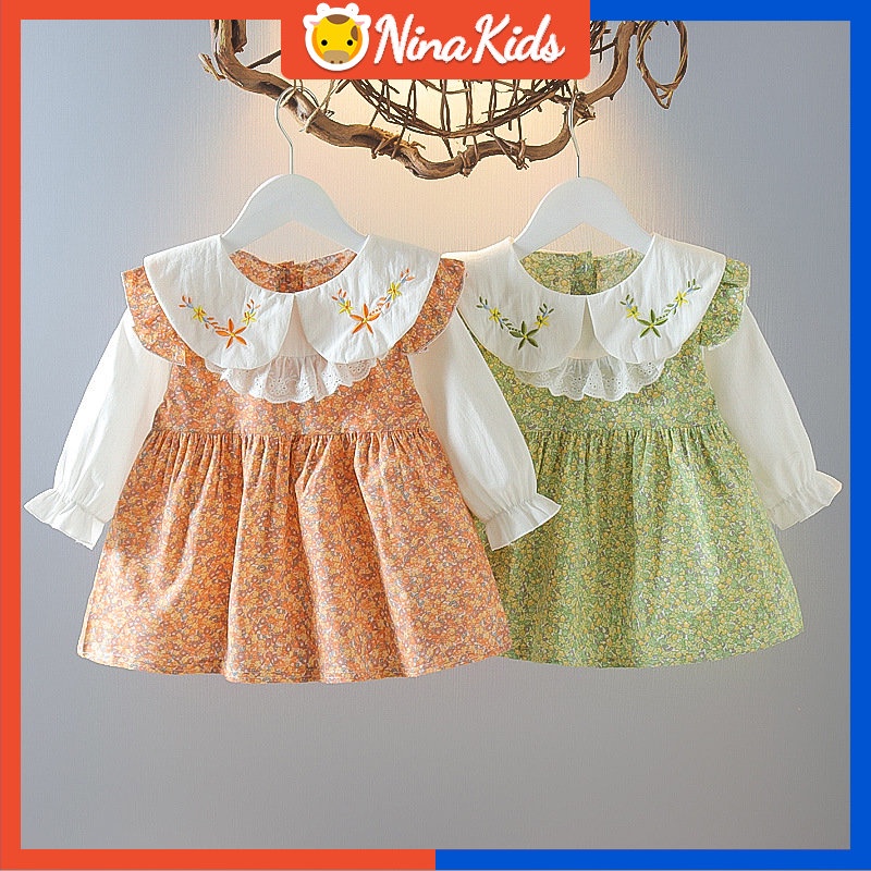 Đầm Bé Gái Từ 0-3 Tuổi Tay Dài Thêu Hoa Dễ Thương