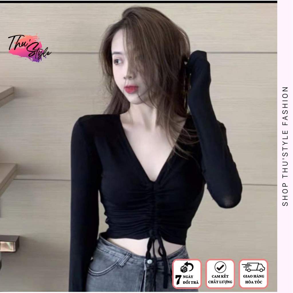Áo Croptop CỔ TIM DÂY RÚT TAY DÀI Trơn HT Fashion Ôm Body Chất Tốt, Áo CRT Kiểu nữ ôm thun gân mềm mát HT Fashion