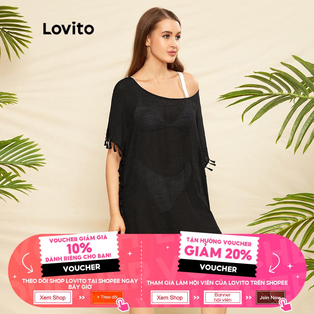 Lovito sexy Áo khoác nữ có tua rua trơn L33AD042 (Đen)