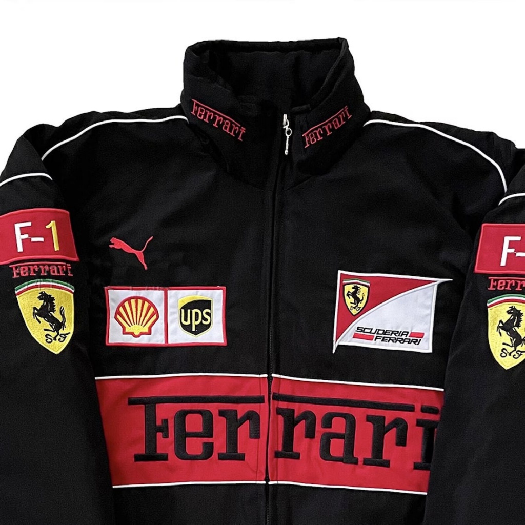 Áo Khoác Cotton Tay Dài Thêu Logo Ferrari Team F1 Màu Đen Thời Trang Thu Đông