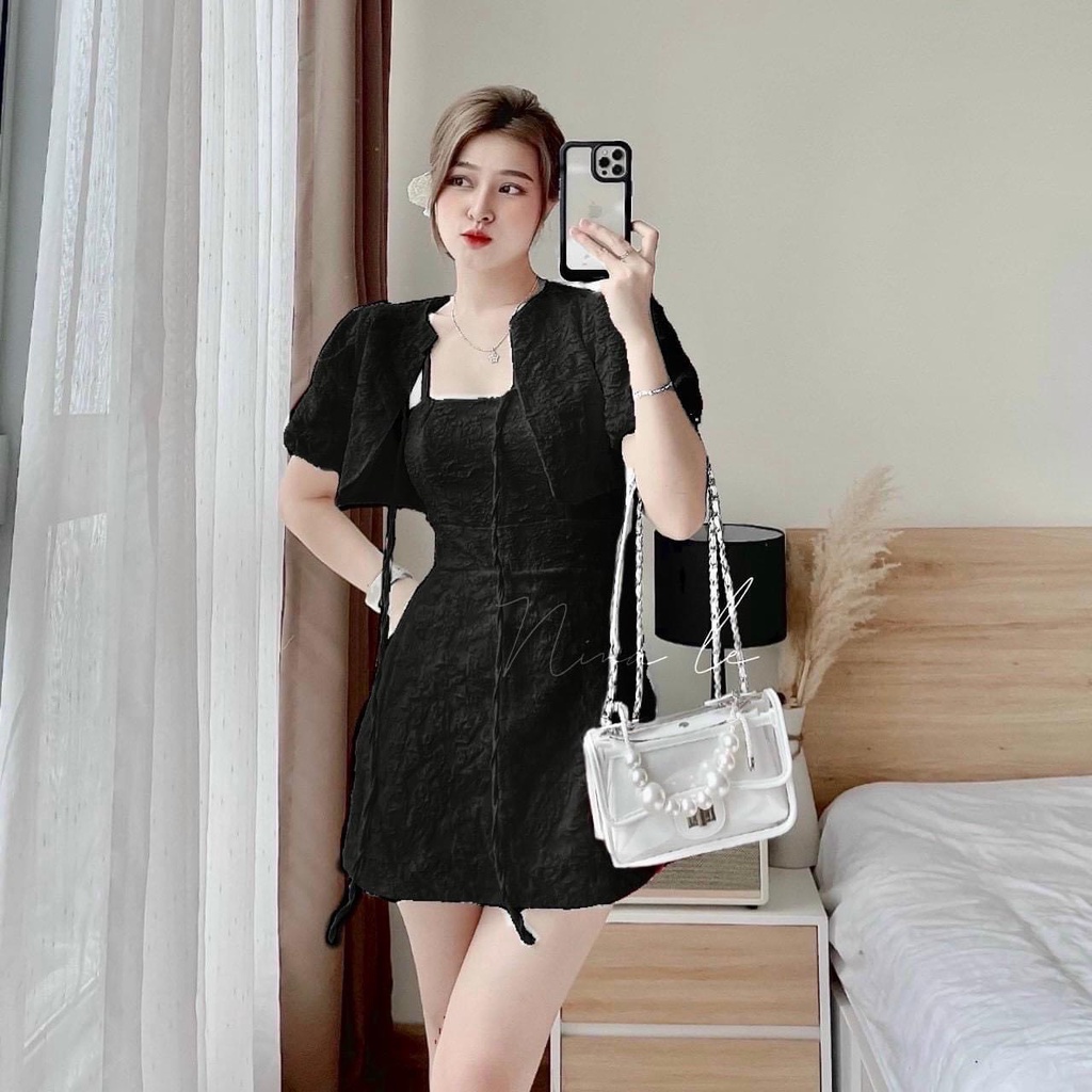 Set đầm gấm trắng hai dây kèm áo khoác - Set bộ xốp đầm váy nữ tiểu thư đi chơi, đi tiệc thiết kế đẹp sang chảnh