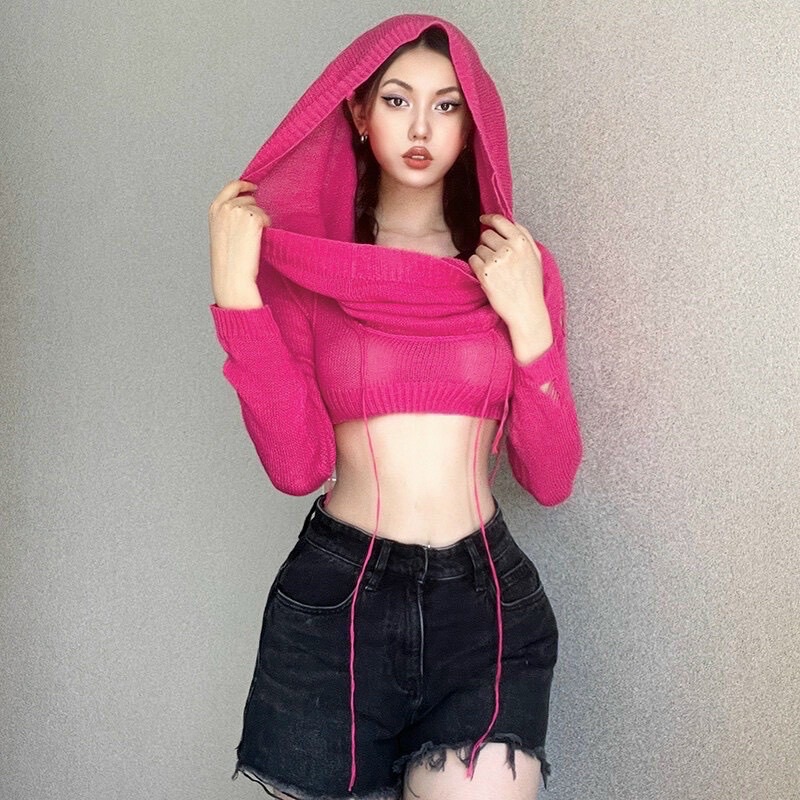 Áo len croptop rách có mũ [ Hàng order ]