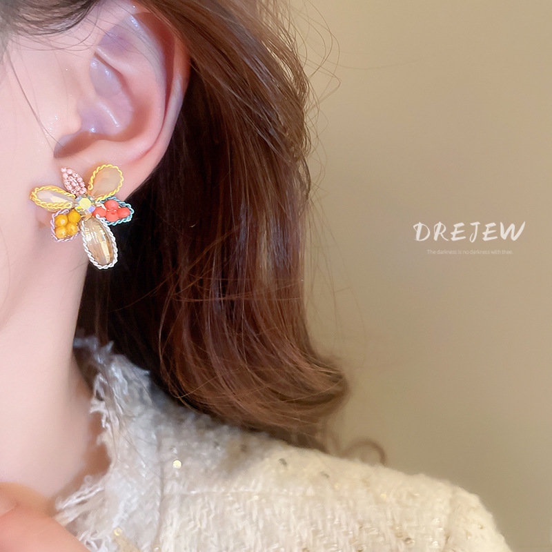 Khuyên tai DREJEW mạ bạc hình hoa đính đá dễ thương phong cách Nhật Hàn