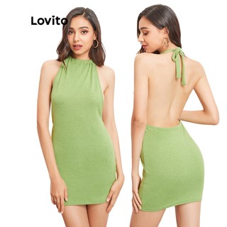 Đầm Lovito giáng sinh cổ yếm hở lưng màu trơn quyến rũ L07132 (màu xanh lá)