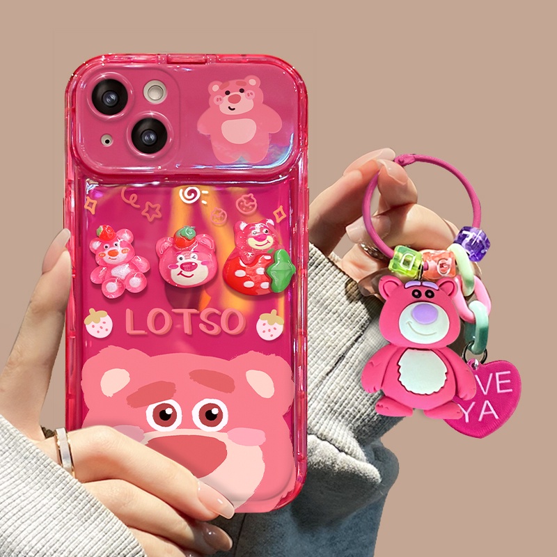 Ốp Điện Thoại Nắp Gập Tráng Gương Họa Tiết Gấu Hồng Kèm Giá Đỡ Cho IPhone 14 13 12 11 Pro Max X XR XS