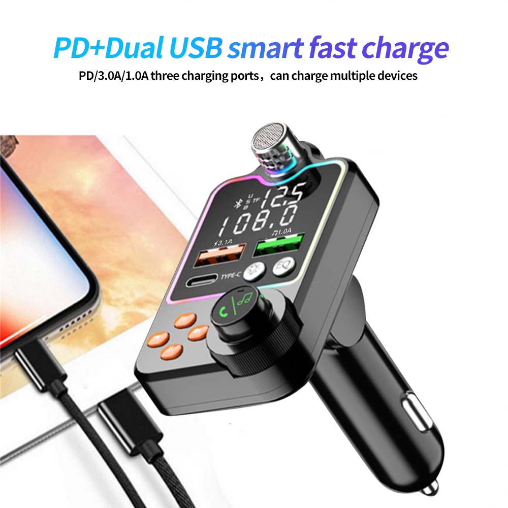 Tẩu Sạc Mp3 Hai Cổng USB 3.1A + Type-C Bluetooth 5.0 Hỗ Trợ Thẻ TF Cho Xe Hơi | BigBuy360 - bigbuy360.vn