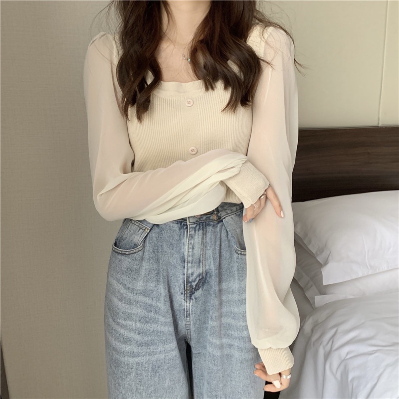 Áo len nữ cổ vuông tay voan bồng MS351