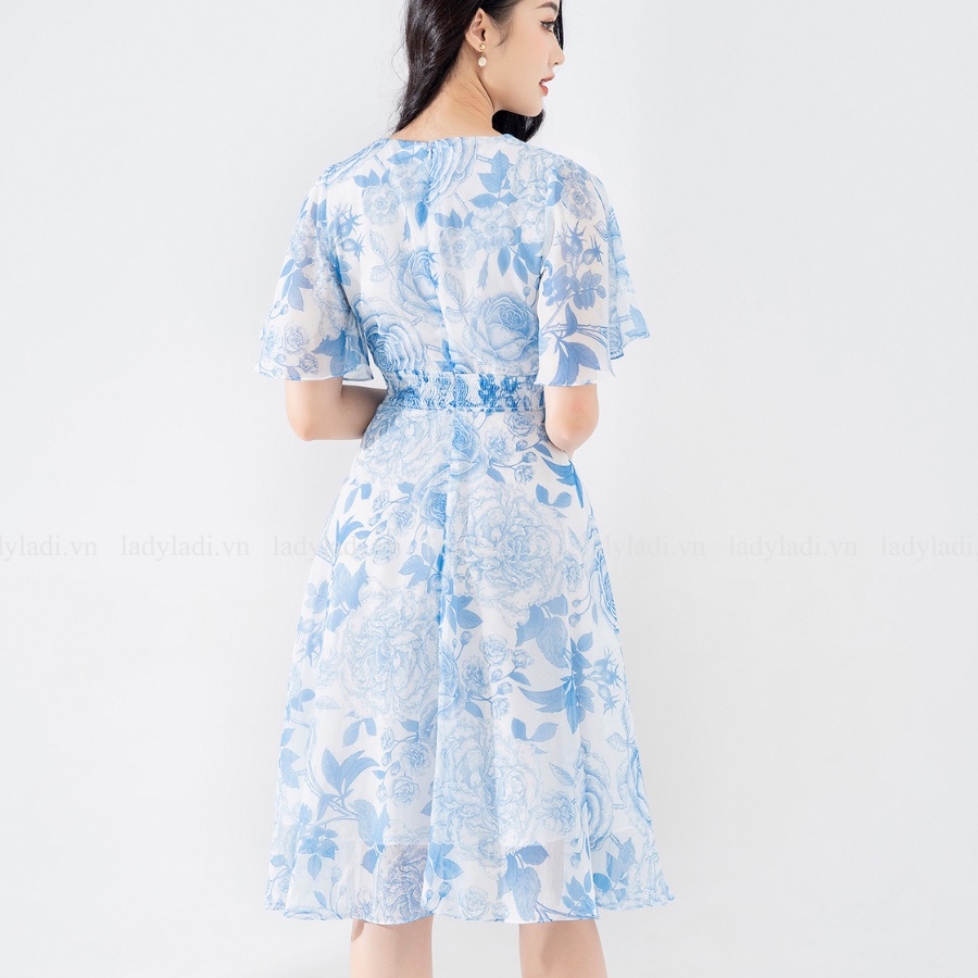 Váy hoa nhí dáng dài LADI cổ v nhún eo chất tơ nhẹ, có lớp lót habutai thoáng mát NDA02